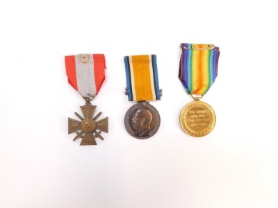 A WWI Great War and Victory Medal pair, named to Pte C Vicary, Army Service Corps, M2-192770, together with a Croix de Guerre, des Theatres D'operations Exterieures, possibly associated. (3) - 2