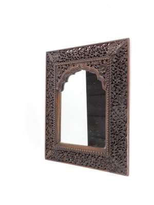 A Burmese carved wooden wall mirror, with pierced and fret carved border, with a rectangular arched top mirror plate, 51cm high, 34cm wide. - 2