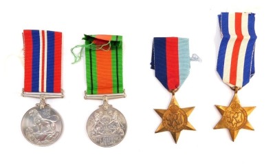 A set of WWII medals, comprising 1939-1945 Star, Defence Medal, France & Germany Star, each blank, in a OHMS box for Mr J J Hall, with ribbons.