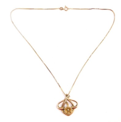 A Balestra 9ct gold pendant and chain, the Art Nouveau design pendant of three twist form with central flower, yellow metal unmarked, on a box link neck chain stamped 375, 40cm long, 5g, boxed.