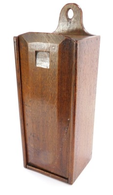 A late 18th/early 19thC oak candle box, 46cm high, 17cm wide, 15cm deep.