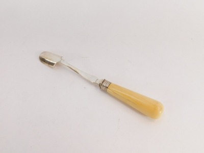 A late Victorian electroplated Stilton cheese scoop, with crested ivory handle, 24cm long. - 2