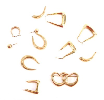 A group of 9ct gold and other earrings and jewellery parts, comprising a pair of large box design hoops, a twin heart brooch and various loose parts, 7.4g all in.