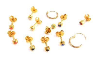 A group of starter earring studs, each stone set, a pair of hoops, etc, some yellow metal but mainly unmarked, 4.2g all in.