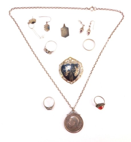 A group of silver and other jewellery, comprising an Eastern design brooch, silver coin pendant and plated chain, two silver dress rings, silver and paste stone set dress rings, drop earrings, etc, 55.5g all in.