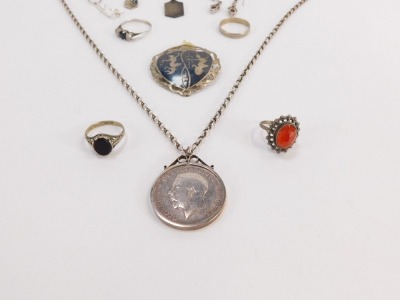 A group of silver and other jewellery, comprising an Eastern design brooch, silver coin pendant and plated chain, two silver dress rings, silver and paste stone set dress rings, drop earrings, etc, 55.5g all in. - 2