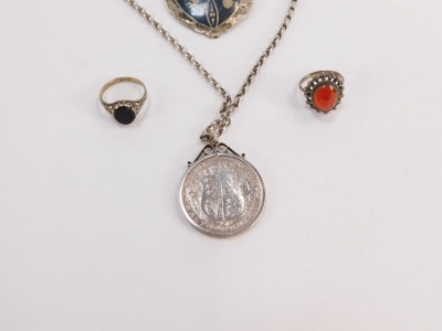 A group of silver and other jewellery, comprising an Eastern design brooch, silver coin pendant and plated chain, two silver dress rings, silver and paste stone set dress rings, drop earrings, etc, 55.5g all in. - 3