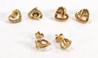 Three pairs of 9ct gold earrings, comprising two heart studs and a pair of basket weave studs, 3.4g all in. - 2