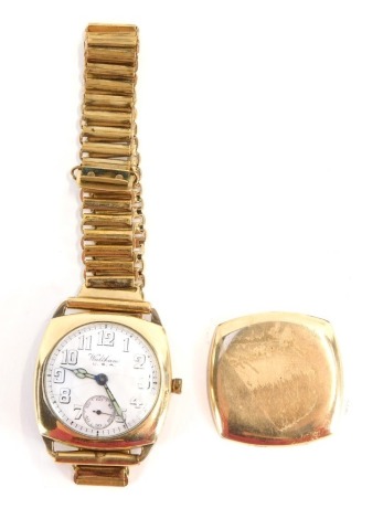 A Waltham USA gold plated gentleman's wristwatch, on white enamel dial, with seconds dial and green hands, in a square case, on a linked gold plated bracelet. (AF)