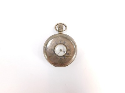 A George V silver pocket watch, the silver half hunter case with glass panel centre and blue enamel Roman numeric dial, opening to reveal inscription 'In Affection Remembrance of Auntie Bessie', serial no 1462070, with white enamel dial marked Rolex, the - 4