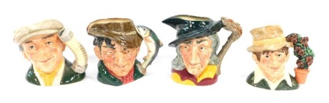 Four large Royal Doulton character jugs, comprising The Gardener D6867, The Poacher D6426, The Busker D6675, and The Pied Piper D6403.