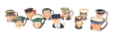 A group of small Royal Doulton character jugs, comprising The Fortune Teller, The Engine Driver, Paddy, The Postman, The Policeman, The Poacher, and various others unnamed. (11)