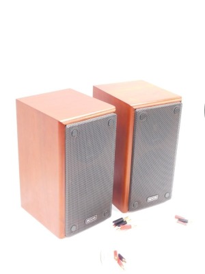 A pair of EPOS M5 bookshelf speakers, each in a teak case, serial no 0601-01206. 36cm high, 18cm wide, 23cm deep, with QED cabling. - 2