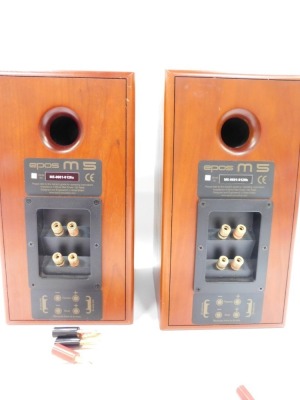 A pair of EPOS M5 bookshelf speakers, each in a teak case, serial no 0601-01206. 36cm high, 18cm wide, 23cm deep, with QED cabling. - 3