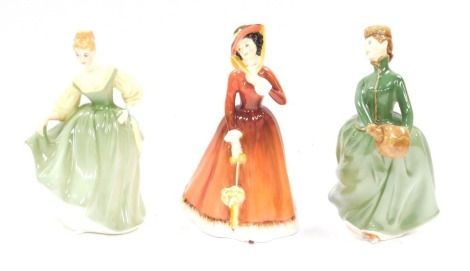 Three Royal Doulton figures, comprising Grace HN2318, 19cm high, Julia HN2705, 19cm high, and Fair Lady HN2193, 19cm high.