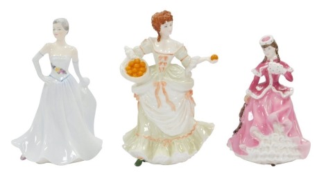 Three Coalport figures, comprising Nell Gwyn, limited edition 43/12500, 22cm high, Coalport Ladies of Fashion Honor, 21cm high, and The Skater, limited edition 136/12500, 20cm high.