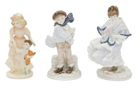 Three Coalport figures, comprising A Helping Hand, 18cm high, Visiting Day, 20cm high, and The Boy, 19cm high.