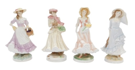 Four Royal Worcester figures of the Seasons, comprising Spring, limited edition 701/7500, Autumn, limited edition 2033/7500, Summer, limited edition 4671/7500, and Winter, 1916/7500, each measuring 23cm high.