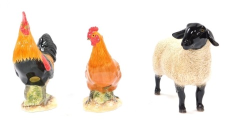 Three John Beswick ornaments, comprising The Suffolk, 23cm high, Cockerel, 12cm high, and Hen, 14cm high.