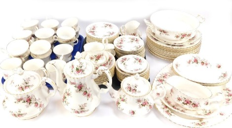 A Royal Albert part tea coffee and dinner service decorated in the Lavender Rose pattern, comprising coffee pot, two teapots, three coffee cups, seventeen tea cups, three milk jugs, three sugar bowls, salt & pepper pots, gravy boat and saucer, tureen (la