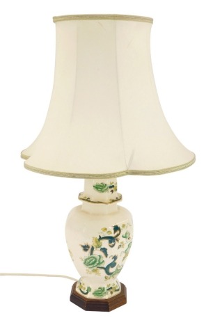 A Mason's Chartreuse pattern table lamp, on octagonal base in green, with later shade, 15cm high.