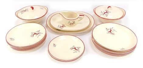 A Crown Devon Fieldings part dinner service in the Red Deer pattern, comprising two graduated meat plates, gravy boat, two tureens and covers, three side plates, six small plates, six dinner plates. (a quantity, AF)