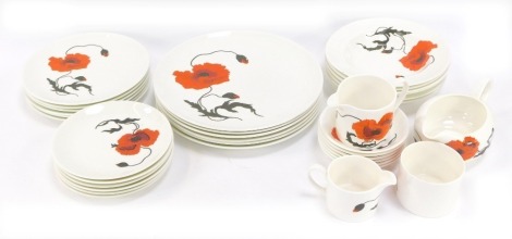 A Wedgwood Susie Cooper design corn poppy part service, comprising milk jug, gravy boat, six dinner plates, six small plates, six cake plates, six soup bowls, six saucers, miniature milk jug and a sugar bowl. (a quantity)