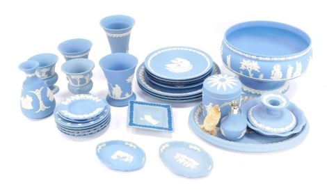 A group of Wedgwood blue Jasperware, comprising trinket dishes, vases, dressing table set, etc. (a quantity)