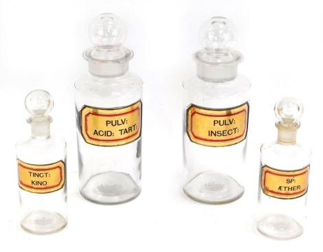 Four late 19thC glass chemist bottles, each with labels, to include Pulv-Insect, Pulv-Acid-Tart, SP-Aether, and Tinct-Kino, each with stopper, two 25cm high, two 18cm high. (AF)