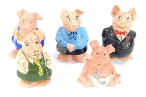 A set of five Wade Natwest piggy banks, comprising Mum, Dad, two children and baby.