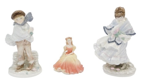 Three Coalport figures, comprising The Boy, limited edition No 913/9500, 19cm high, Visiting Day, limited edition No 820/9500, 20cm high, and a Coalport Debutant Beth figure, 11cm high. (3)