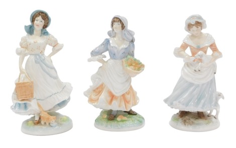 Three Royal Worcester figures, comprising Rosie picking apples, limited edition No 1257/9500, The Milkmaid, limited edition 2688/9500, and The Shepherdess, limited edition, No 9159/9500, 22cm high. (3)