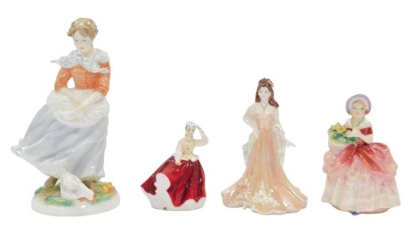 Royal Doulton, Royal Worcester and Coalport lady's, comprising Coalport Debutant of The Year 2004, 14cm high, Gayle, 9cm high, Sissy, 12cm high, and a Royal Worcester Old Country Ways, limited edition No 2882/9500, 21cm high. (4)