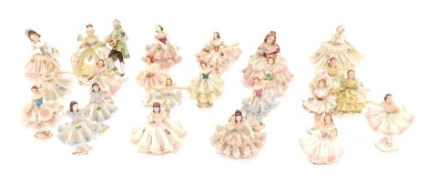 A group of Dresden porcelain crinoline figures. (a quantity)