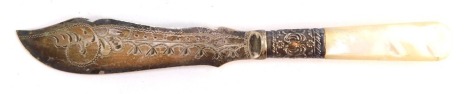 A mother of pearl handled butter knife, with a white metal floral collar on a plated blade.