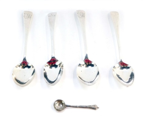 A group of silver spoons, comprising a pair of Fiddle pattern Victorian teaspoons, bearing the initials GM, a white metal cruet spoon, and two further teaspoons, one bearing the initials LGS, rubbed hallmarks, 1¾oz. (5)