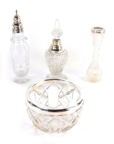 Four cut glass and silver collars dressing table jars, comprising a bowl, 10cm diameter, perfume bottle, shaker and a bud vase, (4,AF)