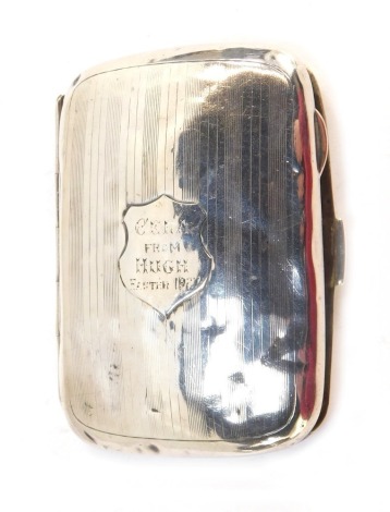 A George V silver cigarette case, with engine turned stripe decoration and shield bearing inscription Cela From Hugh Easter 1927, Birmingham 1926, 1¼oz.