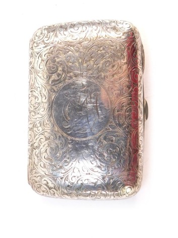 A George V silver cigarette case, with engraved floral swirl banding, and central circular crest with initials CAS, Birmingham, 2¾oz.