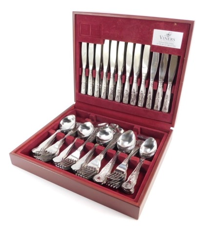 A Viners stainless steel twelve piece setting, cased canteen of cutlery, in the Kings pattern, in a mahogany fitted case.