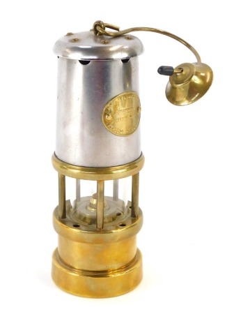 A Colliery of Hockley brass and steel cased miner's lamp, with swing handle, 17cm high.