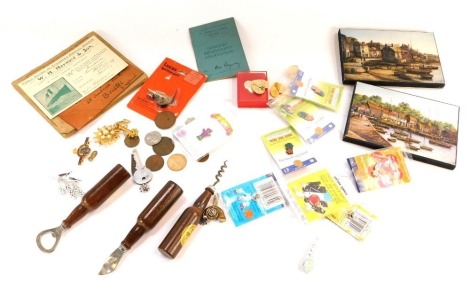 Coins and trinkets, tokens, Guinness advertising bottle openers, Avon Cosmetic badges, Kevin Platt prints, Royal Engineers brooch, Masonic Benevolent Association Bugle badge, etc. (a quantity)