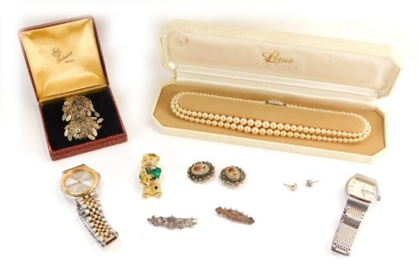 Costume jewellery, comprising a Lotus Fashion two strand cultured pearl necklace, a pair of clip on filigree style earrings, decorative bar brooches, two Victorian silver bar brooches, dress watches, etc. (a quantity)