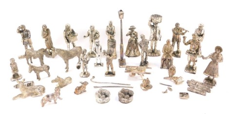 A group of silver plated and pewter figures, donkeys, religious figures, owls, mice, silver thimble, etc. (a quantity)