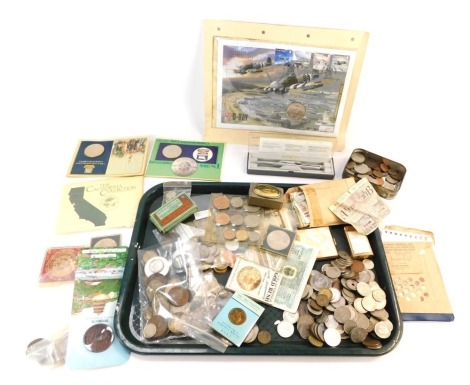 Coins and bank notes, D-Day 60th Anniversary 2004 commemorative coin cover, shillings and half shillings, Thailand bank notes, commemorative crowns, Parker pen, etc. (a quantity)