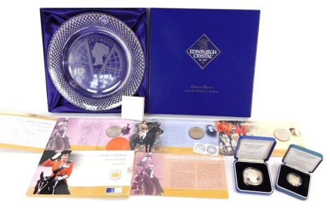 Royal Mint coins, comprising Equestrian Crown Collection 2002, Prince Edward & Sophie Rhys Jones £1 & £5, HM The Queen Mother Memorial crown 2002, together with an Edinburgh Crystal Victorian Anniversary plate.