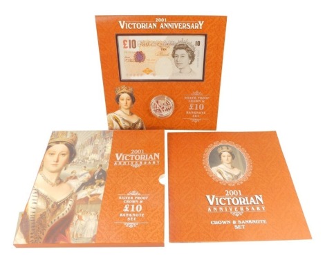 Royal Mint Victorian Anniversary Proof Crown and £10 bank note set 2001.