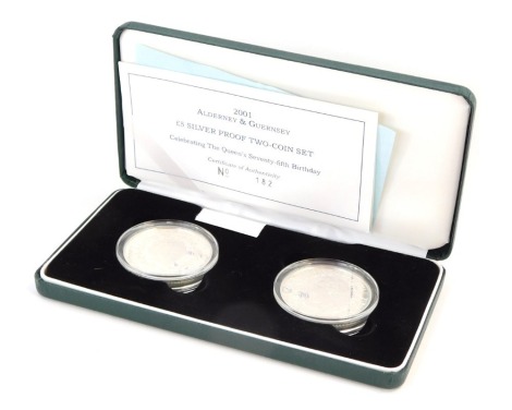 Royal Mint Queen's 75th Birthday Alderney & Guernsey silver two coin set, 182.