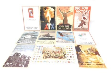 Ten reproduction war related posters, to include the British Navy Guards Of The Freedom, Dig For Victory, Careless Talk Costs Lives, Come In To The Factories, Join The ATS, Wings Over America, Let Us Go Forward Together, Never Was So Much Owed By So Many 