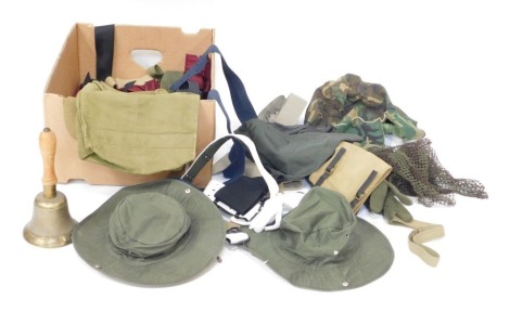 A group of Army, Navy and Air Force accessories, belts, dress ties, hoods, arm bands, and an ARP Fiddian brass hand held bell. (a quantity)